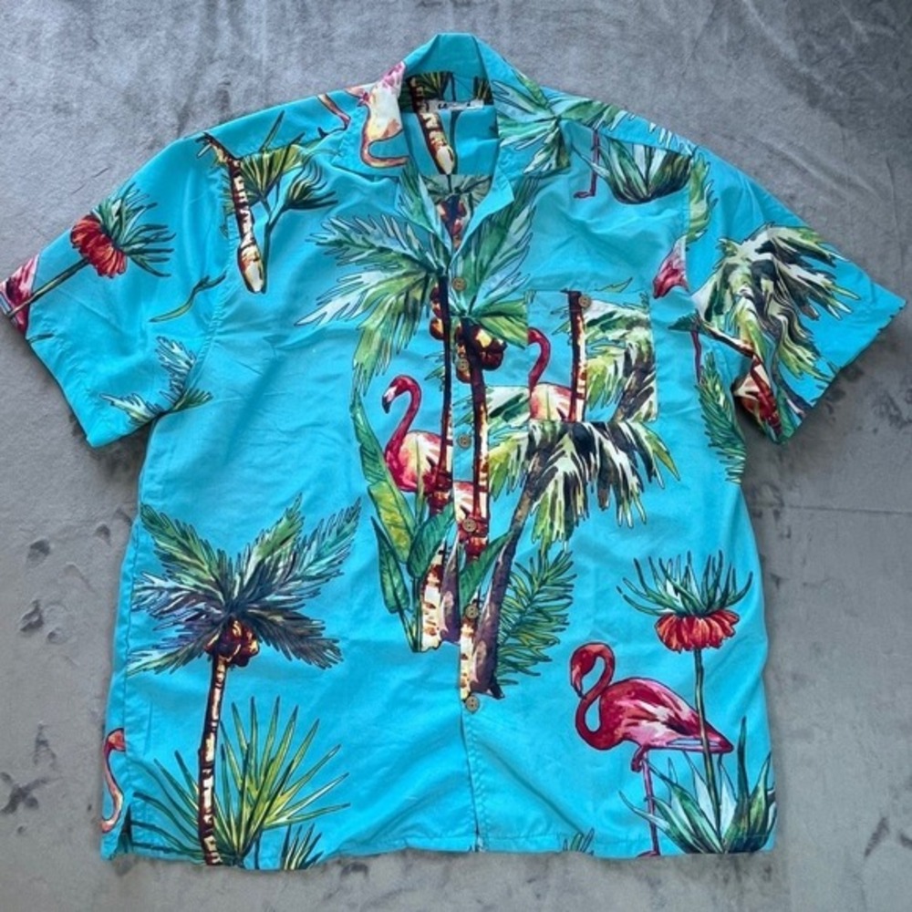 UZZI‎ Mens Hawaiian Shirt Flamingo Palm Tree Print Short Sleeve Button Up Sz Med